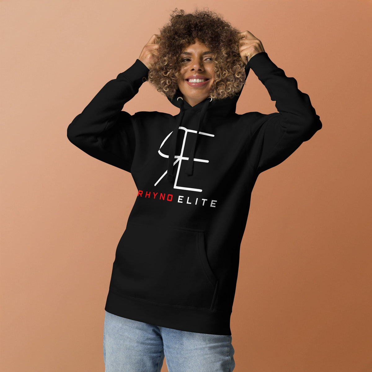 Rhyno Elite Signature Hoodie in black, flat lay front view alternate