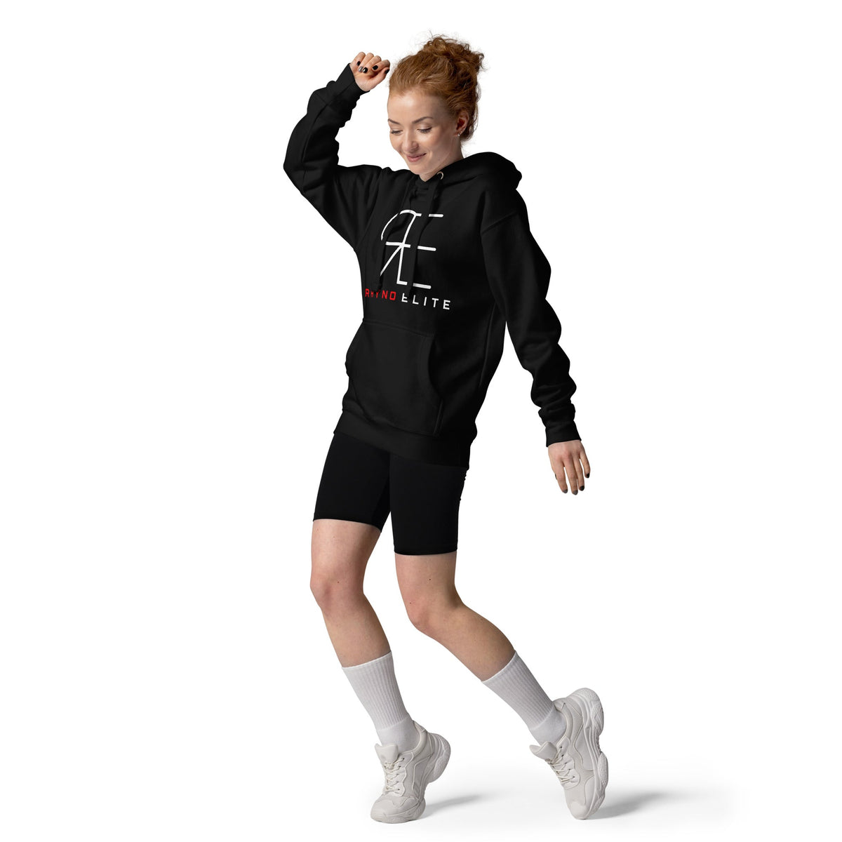 Rhyno Elite Signature Hoodie in black, styled front view